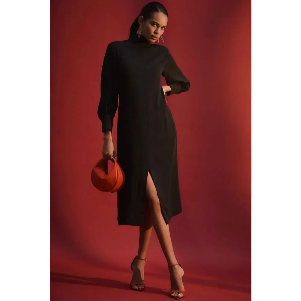 anthropologie long sleeve midi dress Anthropologie NWT Long-Sleeve Sheer Pleated Midi Dress